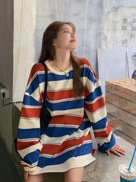 Women's T Shirts 2024 Long Sleeve T-Shirt Fashion Loose Casual O-Neck Striped Tops Spring Autumn Thin Oversize Ladies Tee