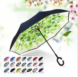 Reverse Handle Umbrella printing fimbria Windproof Reverses Sunscreen Protection Umbrellas Fold Double-layer Inverted Sundry Rains LL
