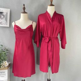 Women's Robe Women Satin Kimono Robe Bridal Wedding Bathrobe Sexy Intimate Lingerie Nightgown Solid Colour Sleepwear 2Pcs Homedress Loungewear