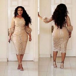 Champagne Lace Short the Bride Dresses Plus Size 2021 Tea Length 3/4 Long Sleeve Sheath Mother of Groom Gowns Evening Dress 0509