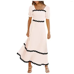 Casual Dresses 2024 Summer Women's Elegant Striped Square Neck Puff Sleeve Vacation Beach Dress Party A Line Flowy Maxi