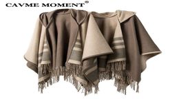 Scarves CAVME Hooded Wool Poncho With Tassels For Women Ladies Shawls In Beige Coffee Color Winter Warm 100 Woolen Striped Wraps 2596232