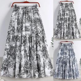 Skirts Elegant Women Retro Painting Print Midi Skirt Elastic Waist Large Swing Spring Summer Pleated Female Trendy A Line