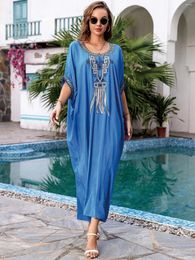 Blue Boho Printed Flare Sleeve Beach Kimono Cardigan Dresses For Women 2024 Loose Wear Plus Size Cover Ups Q1585