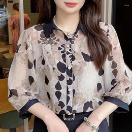 Women's Blouses 2024 Summer Bohemian Retro Loose Casual Korean Style Shirt Irregular Print Chiffon Button V Neck Long Sleeve Tops