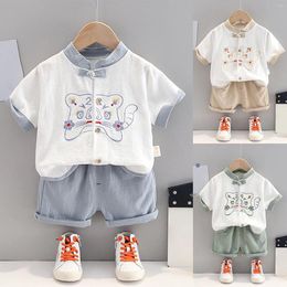 Clothing Sets Summer Boys' Ethnic Style Cotton And Linen Short Sleeved TShirts Solid Colour Shorts Fashion Two Piece 1 2 3 4 5 Years