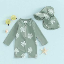 One-Pieces Preschool boy Rush protective swimsuit jumpsuit long sleeved turtle dinosaur print baby swimsuit H240508