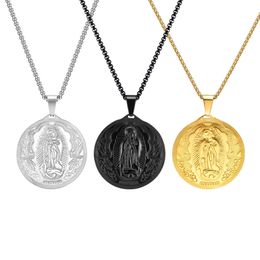 Men's Stainless Steel Amulet Virgin Mary Round Necklace Pendant Box Chain Luckly Jewelry 3mm 24inch n777