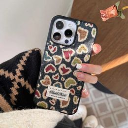 Cell Phone Cases Retro Cute Denim Fabric Embroidery Woven Love Heart Phone Case For iPhone 15 14 Pro Max 13 12 Pro Max Silicone Cover Protector J240509