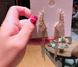 Wholesal jewelry silver needle high-end wings zircon tassels catch chain long earrings personality temperament long full diamond earring J3TF