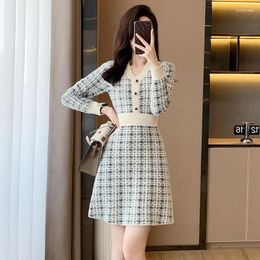 Casual Dresses Women's Vintage Plaid Mini Office Sweater Dress Long Sleeve V-neck Buttons Party Female Knitted Stretch