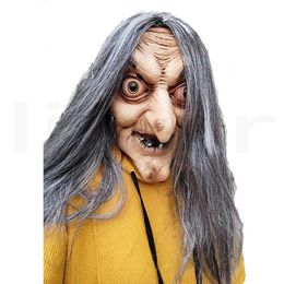 Party Masks Terrifying old witch latex mask with hair Halloween fancy dress Grey party attire role-playing props adult size one Q240508