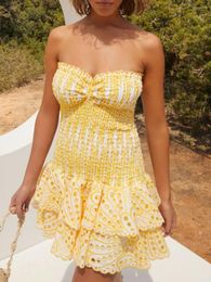 Melphieer 2024 A-line High End Embroidery Yellow Beach Dress Short Cover Up Woman Swimwear Bikini Tunic Beachwear Outfit