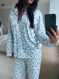 Women's Two Piece Pants Women 2 Long Sleeve Pajamas Sets Button Down Shirt And Loose Pant Pajama Outfit Set Print Soft Satin Lounge