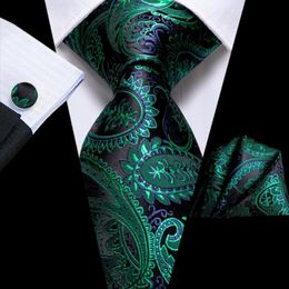 Bow Ties Business Black Green Paisley Silk Wedding Tie For Men Handky Cufflink Mens Necktie Fashion Designer Party Drop Hi-Tie 337b