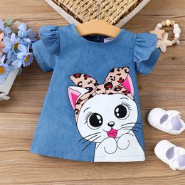 Girl's Dresses Baby Cute Cat Print Ruffled Short Sleeve DressL2405