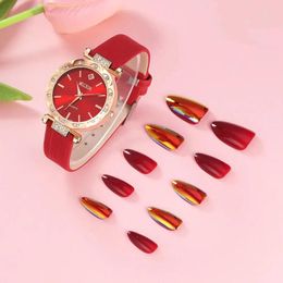 Wristwatches Fashion Watch False Nail Tablets Set Women Casual Leather Belt Quartz Watches Ladies Red Enhancement Montre Femme