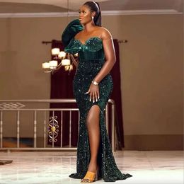 Arabic Aso Ebi Dark Green Prom Dresses Sequined Style Plus Size Lace Up Back Evening Gowns Side Split Mermaid African Party Dress 0509