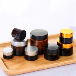 wholesale 5g 10g 15g 20g 30g 50g Amber Glass Cream Jar Refillable Bottle Cosmetic Makeup Storage Container with Gold Silver Black Lids ZZ