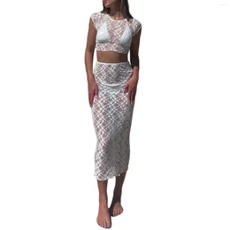 Summer Sexy Women's Beach Cover-Ups Skirt Set See-through Lace Short Sleeve Crew Neck T-shirt High Waist Long