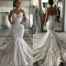 Vintage Mermaid Wedding Dresses Sweetheart Lace Appliques Sleeveless Sweep Train Open Back Plus Size Formal Bridal Gowns 0509