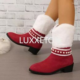 Boots 2024 European And American Fashion Pointed Thick Heels With Plush Thickened Low Heel Pearl Mid Sleeve Women's