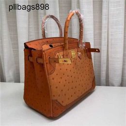 Cowhide Handbag Brkns Genuine Leather Ostrich Skin Small 25CM with Handheld Caramel Colour Fashionable AdvancedM7P90JKO