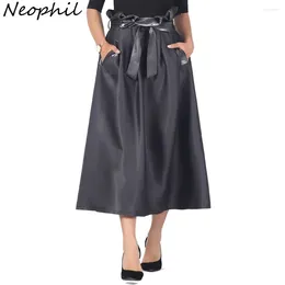 Skirts Neophil A-Line Midi Women's Winter Bow Sashes High Waist Pocket Shining Fabric Vintage Style Lady Solid Party Skirt S9603