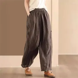 Women's Pants Johnature Women Vintage Plaid Straight Elastic Waist Patchwork Pockets 2024 Spring Loose Linen Casual Trousers