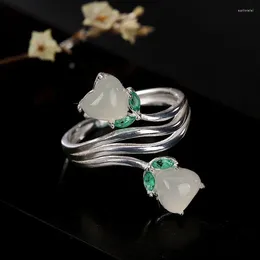 Cluster Rings Silver Inlaid Natural Hetian White Jade Round Flower Opening Adjustable For Women Chinese Retro Fresh Brand Jewellery