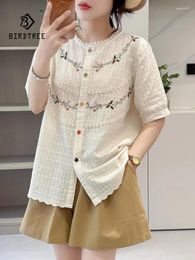 Women's Blouses Spring Cotton Embroidery Shirt Women O Neck Short Sleeve Loose Top Girl Literature Commute Sweet Blouse 2024 Autumn T44501QC