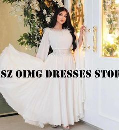 Party Dresses OIMG Design Feathers Prom Arabic Women Cape Sleeves Chiffon White Floor Length Evening Gowns Formal Dress