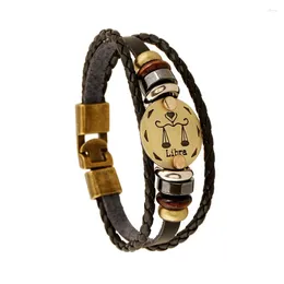 Charm Bracelets Vintage Jewellery 12 Zodiac Libra Copper Alloy Leather Bracelet Punk For Women & Men Multilayer Easy Buckles FS001-9