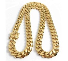 Edelstahlschmuck 18K Gold plattiert hochpolierter Miami Cuban Link Halskette Punk 15 mm Bordsteinkette Doppel Sicherheitsverschluss 18INC8942704