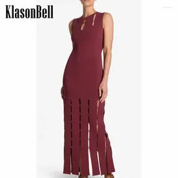 Casual Dresses 1.21 KlasonBell Beading Hollow Out O-NecK Sleeveless Tassel Maxi Dress Women Solid Color High Stretch Knitted Slim Tank