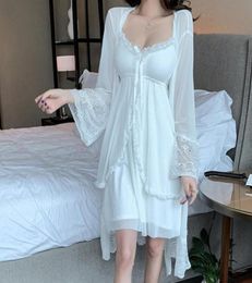 Women039s Sleepwear Fairy Lace Robe Sets Women Sexy Nightwear White Pink Mesh Lolita Night Dress Vintage Kawaii Nightgown Pijam2585608