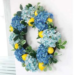 Decorative Flowers Wreaths Summer Lemon Wreath Hydrangea Wreath for Front Door Fruit Wreath with Yellow Lemon Fake Flowers for Home Wall Window Decoration