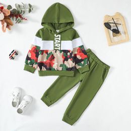 Clothing Sets 2pcs Baby Boy's Letter Print Hooded Outfit Camouflage Colorblock Hoodie & Solid Pants Set Kid's Clothes For Spring Fall Winter