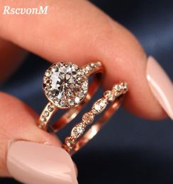 2PcsSet White Pink Stone Crystal Rings For Women Gold Colour Wedding Engagement Rings Jewellery Dropship Bagues Pour8952364