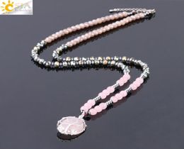 CSJA Chakra Sweater Necklace for Women Natural Pink Rose Quartz Crystal Drop Pendant Gemstone Statement Necklaces Tree of Life Jew2488394