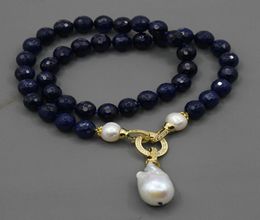 GuaiGuai Jewellery Natural Blue Round Faceted Agate White Pearl Necklace Keshi Baroque Pearl Pendant Handmade For Women7768168