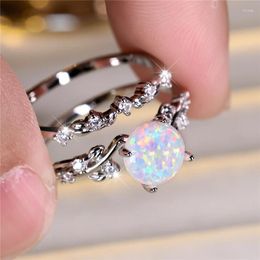 Wedding Rings Cute Female White Fire Opal Round Leaf Engagement Ring Set Silver Colour Jewellery For Women