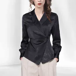 Women's Blouses Women' Lapel Collar Satin Top Printed Shirt 2024 Spring Summer Long Sleeve Asymmetrical Elegant Slim Female Retro