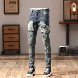 Men's Jeans Mens Stitching Patchwork Fashion and Handsome Street Slim Fit Light Straight-Leg Embroidery Personality Motorcycle Pants Q240509