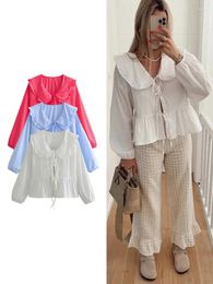 Women's Blouses ZBZA Ruffled Lace Trim Chic Lace-up Blouse Fashion Sweet Style Doll Collar Shirt Temperament Elegant Clothing