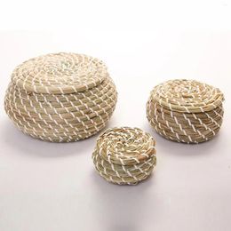 Bottles 3 Pieces Wicker Basket With Lid Round Seagrass Box For Kitchen Keys Fruit