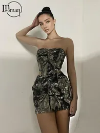 Work Dresses Inwoman Sexy Camouflage Two Piece Set Club Outfit For Women 2024 Summer Strapless Sleeveless Crop Top And Skirt Backless