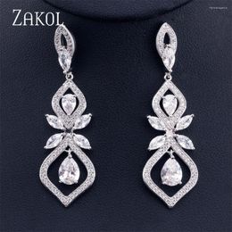 Dangle Earrings ZAKOL Classic Geometric Clear Zircon For Women Elegant Sliver Color CZ Wedding Party Ear Accessories