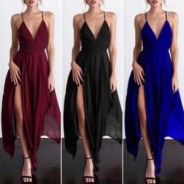 Casual Dresses Women Prom Dress Deep V Neck Low Cut Sleeveless Backless Spaghetti Strap Dress-up Cross Back Irregular Hem Wedding C