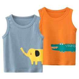 T-shirts 2024 Summer New Boys Tank Top Cartoon Tiger Elephant Top T-shirt Childrens Sleeveless O-Neck Cotton T-shirt Childrens Clothing 2-10 YearsL240509